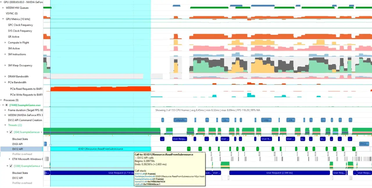 Analiza wydajności gry ExampleGame.exe z wykorzystaniem DirectX 12. Widoczne wywołania API DX12, w tym ReadFromSubresource.