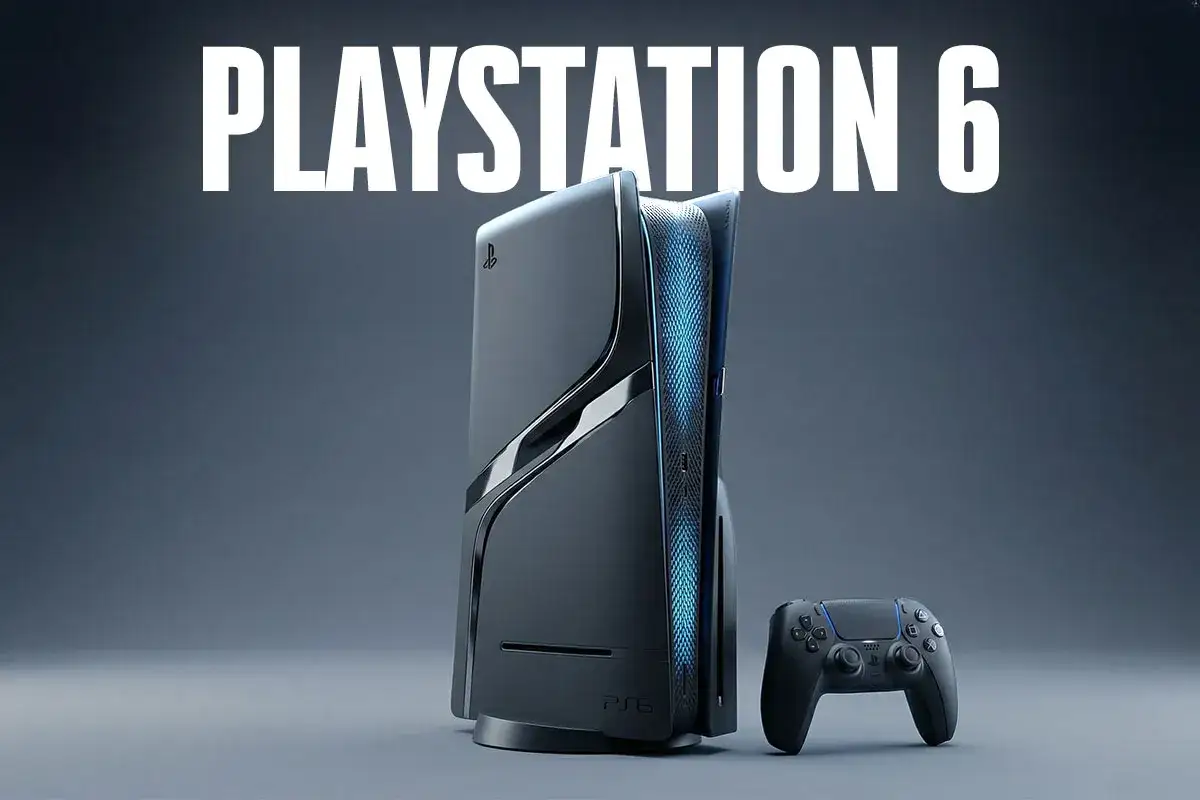 Konzola PlayStation 6 z kontrolerem. Futurystyczny design z niebieskimi akcentami świetlnymi.