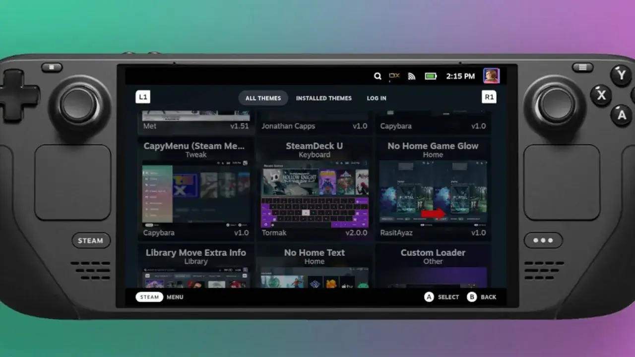 Steam Deck z uruchomionym Decky Loader, wyświetlającym menu z r&oacute;żnymi motywami i opcjami personalizacji.