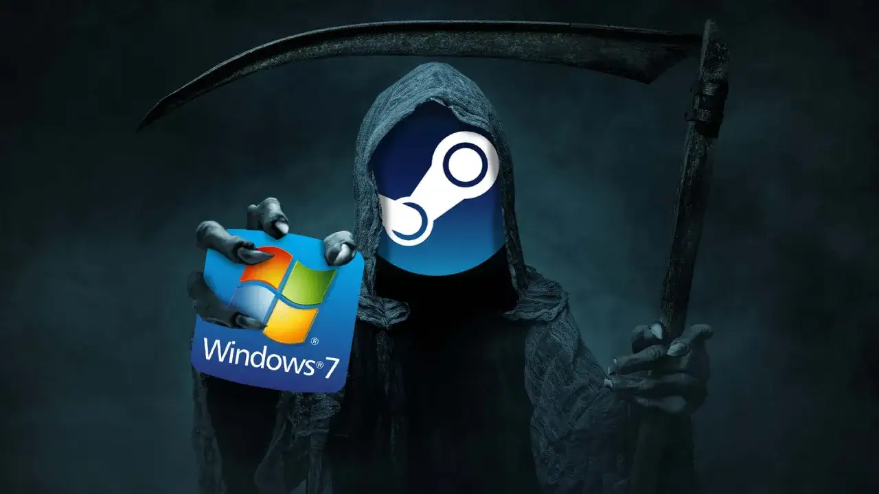 Śmierć z kosą i logo Steam na twarzy, trzymająca ikonę Windows 7.