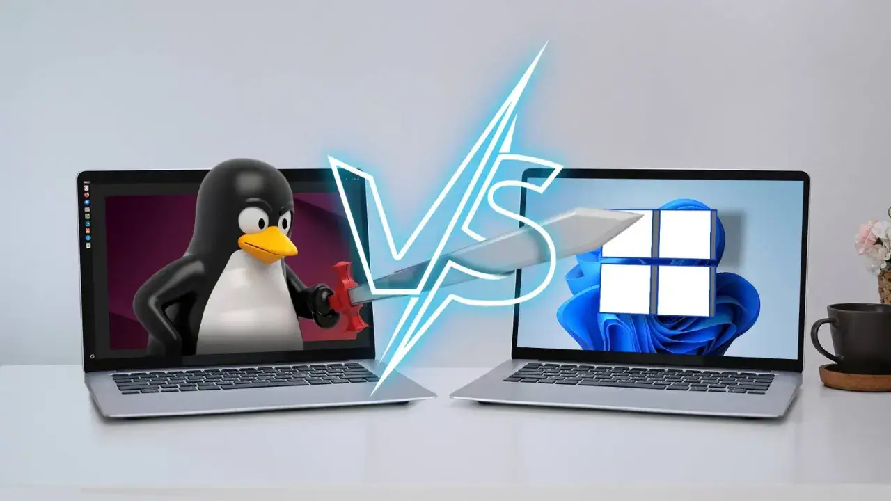 Tux z mieczem walczy z logo Windows. Debata: linux czy windows.