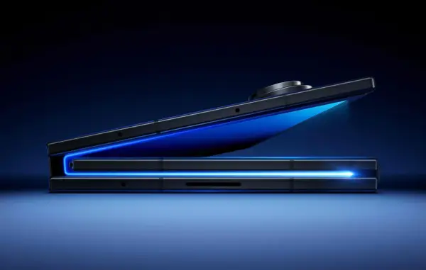 Czarne, częściowo otwarte urządzenie Samsung Galaxy Z Trifold z niebieskim podświetleniem.
